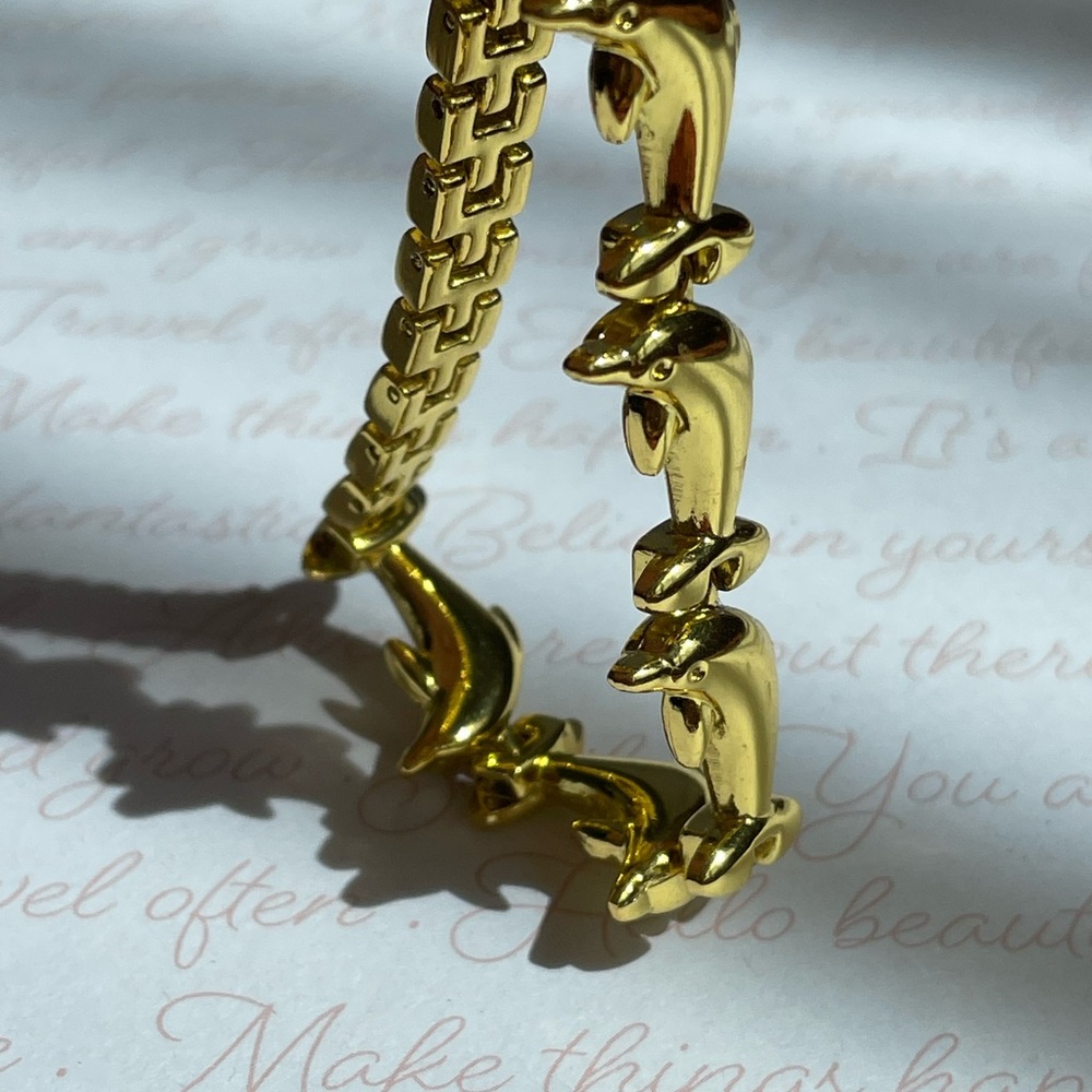 Dolphin Gold Tone Link Bracelet Sz 7